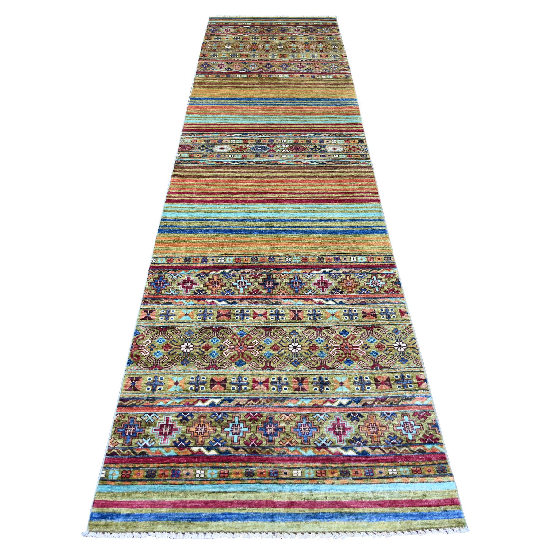 Lichen Green, Afghan Super Kazak with Khorjin Design, Pure Wool, Hand Knotted, Vegetable Dyes, Runner, Oriental Rug